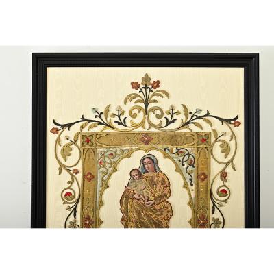 French 19th Century Raised Embroidery of Madonna Child