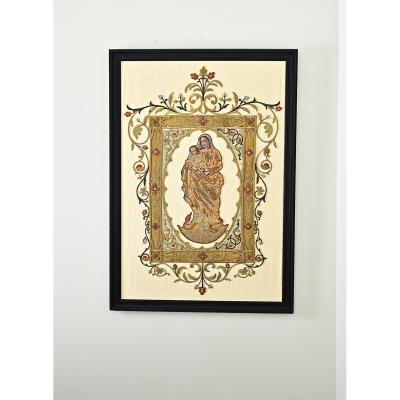 French 19th Century Raised Embroidery of Madonna Child