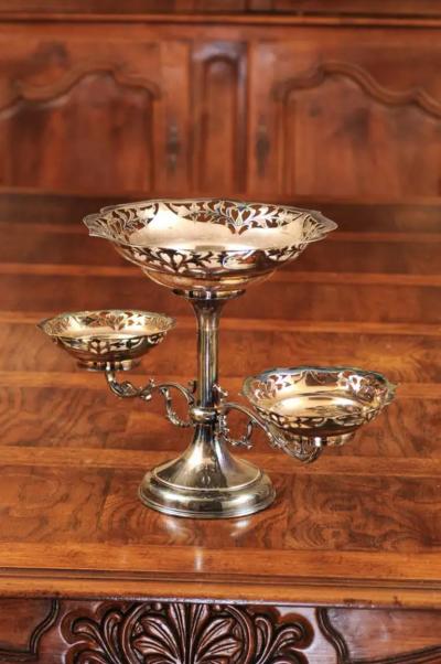 French 19th Century Silver Epergne with Pierced Foliage and Scrolling Motifs