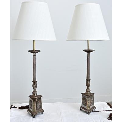French 19th Century Silverplate Altar Candlestick Lamps