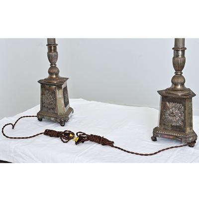 French 19th Century Silverplate Altar Candlestick Lamps