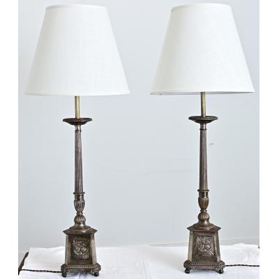 French 19th Century Silverplate Altar Candlestick Lamps