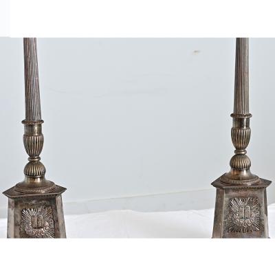 French 19th Century Silverplate Altar Candlestick Lamps