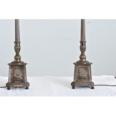 French 19th Century Silverplate Altar Candlestick Lamps
