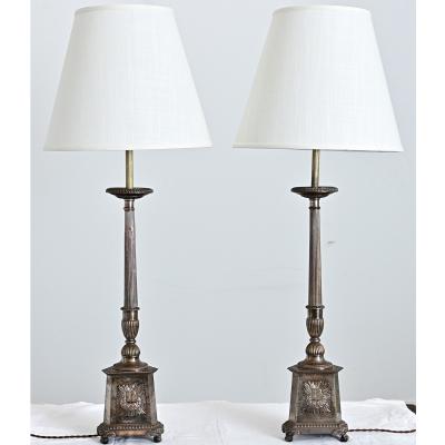 French 19th Century Silverplate Altar Candlestick Lamps