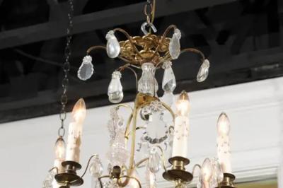 French 19th Century Six Light Crystal Chandelier with Scrolled Brass Armature