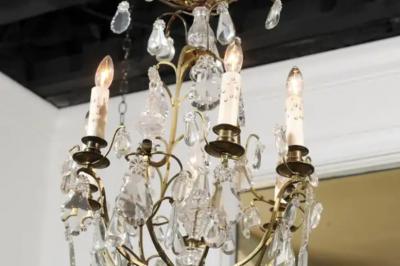 French 19th Century Six Light Crystal Chandelier with Scrolled Brass Armature