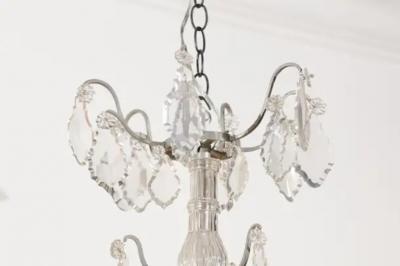 French 19th Century Six Light Crystal Chandelier with Silvered Iron Armature