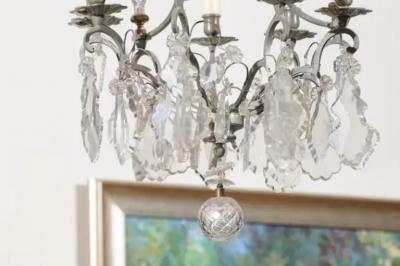 French 19th Century Six Light Crystal Chandelier with Silvered Iron Armature