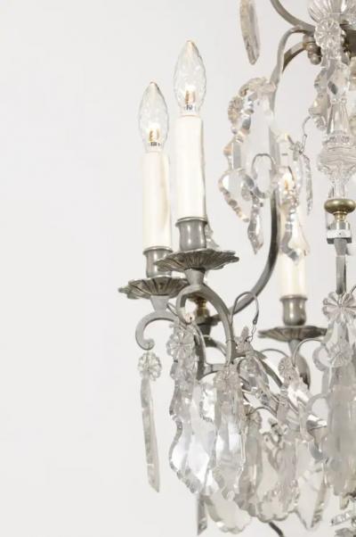 French 19th Century Six Light Crystal Chandelier with Silvered Iron Armature