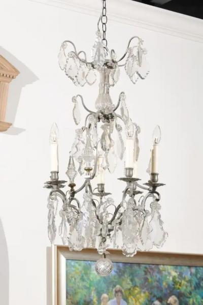 French 19th Century Six Light Crystal Chandelier with Silvered Iron Armature