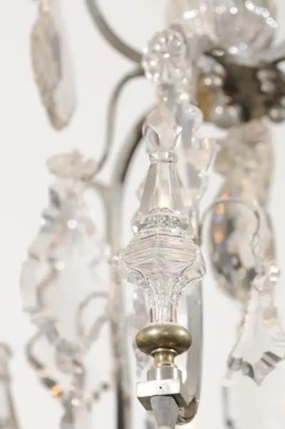 French 19th Century Six Light Crystal Chandelier with Silvered Iron Armature