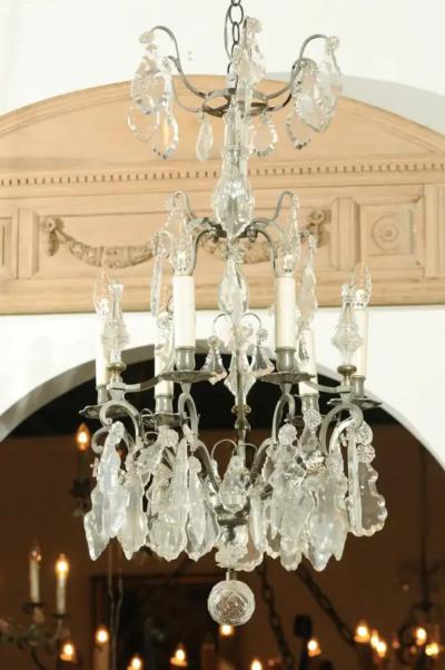 French 19th Century Six Light Crystal Chandelier with Silvered Iron Armature