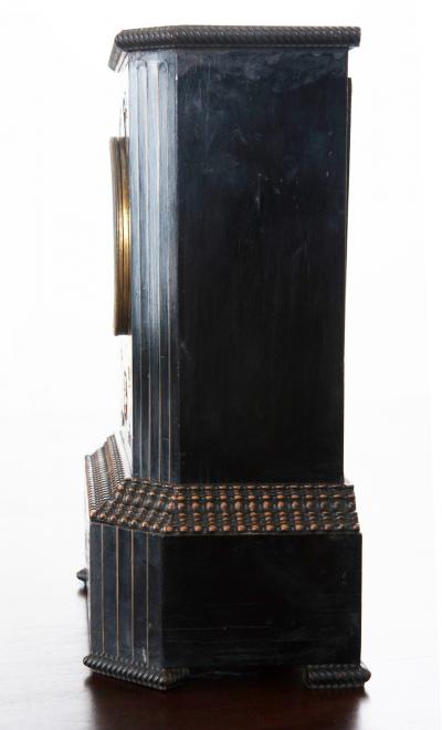 French 19th Century Table Clock of Ebonized Wood with Brass Shell Inlay