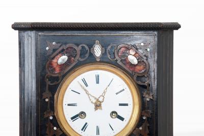 French 19th Century Table Clock of Ebonized Wood with Brass Shell Inlay