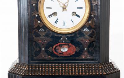 French 19th Century Table Clock of Ebonized Wood with Brass Shell Inlay