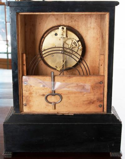 French 19th Century Table Clock of Ebonized Wood with Brass Shell Inlay