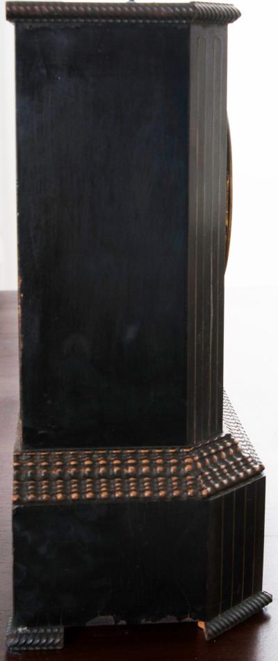 French 19th Century Table Clock of Ebonized Wood with Brass Shell Inlay