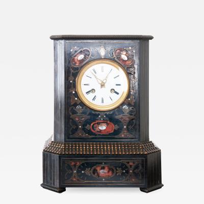 French 19th Century Table Clock of Ebonized Wood with Brass Shell Inlay
