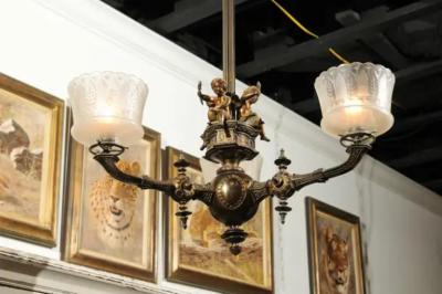 French 19th Century Three Light Bronze and Baccarat Chandelier with Cherubs