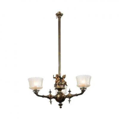 French 19th Century Three Light Bronze and Baccarat Chandelier with Cherubs