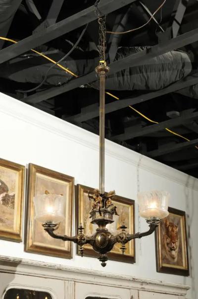 French 19th Century Three Light Bronze and Baccarat Chandelier with Cherubs