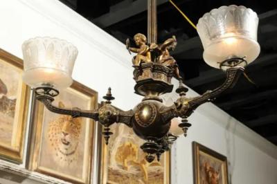 French 19th Century Three Light Bronze and Baccarat Chandelier with Cherubs