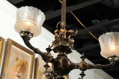 French 19th Century Three Light Bronze and Baccarat Chandelier with Cherubs