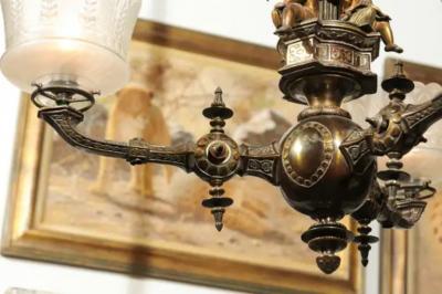 French 19th Century Three Light Bronze and Baccarat Chandelier with Cherubs