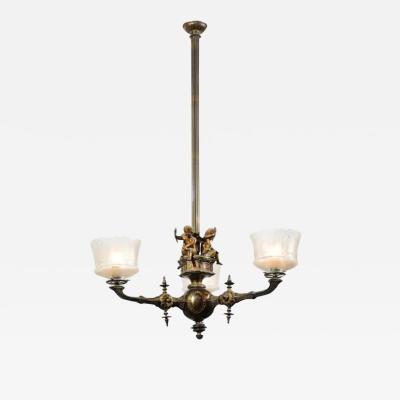 French 19th Century Three Light Bronze and Baccarat Chandelier with Cherubs