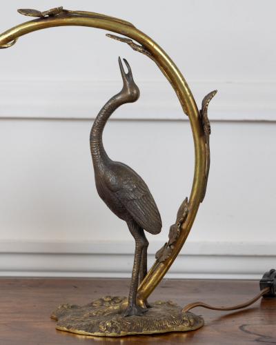French 20th Century Art Nouveau Bronze Heron Lamp