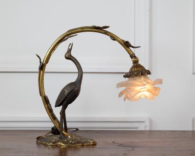 French 20th Century Art Nouveau Bronze Heron Lamp