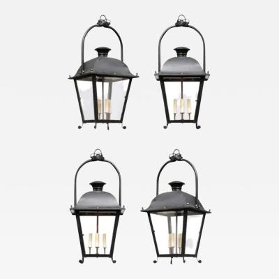 French 20th Century Black Iron Four Light Lanterns with Glass Panels Sold Each