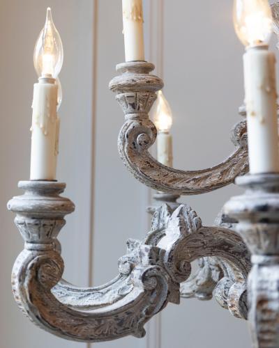 French 20th Century Carved and Painted Wood Twelve Light Chandelier