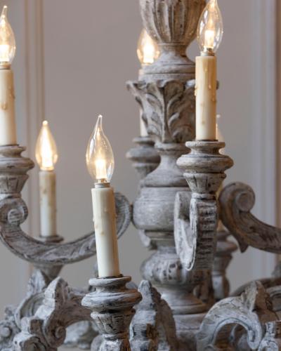 French 20th Century Carved and Painted Wood Twelve Light Chandelier