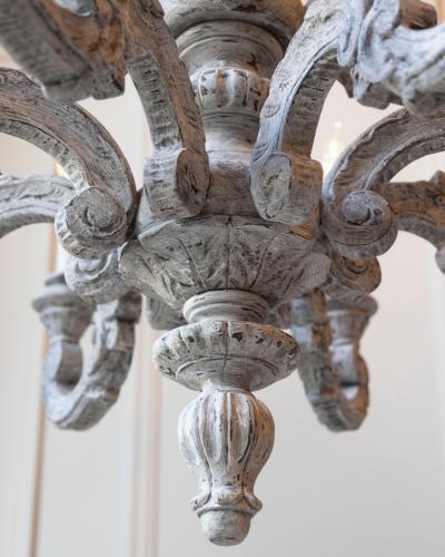 French 20th Century Carved and Painted Wood Twelve Light Chandelier