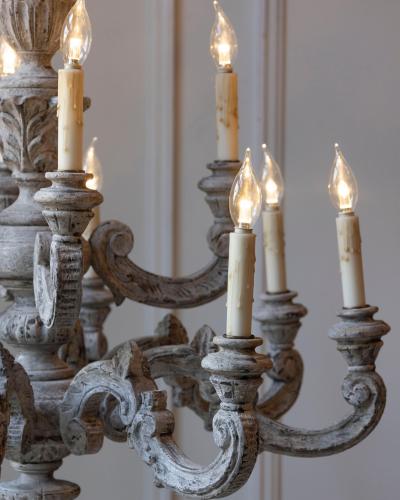French 20th Century Carved and Painted Wood Twelve Light Chandelier