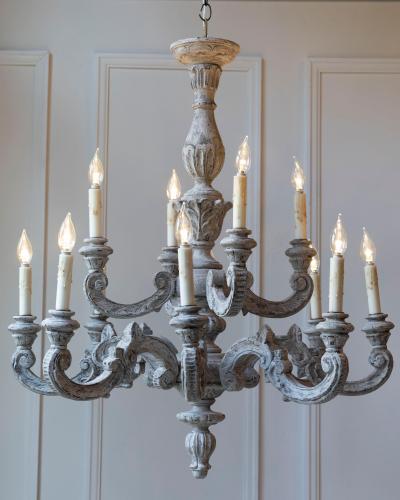French 20th Century Carved and Painted Wood Twelve Light Chandelier