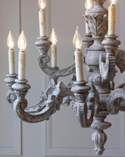 French 20th Century Carved and Painted Wood Twelve Light Chandelier