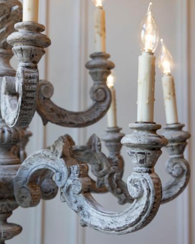 French 20th Century Carved and Painted Wood Twelve Light Chandelier