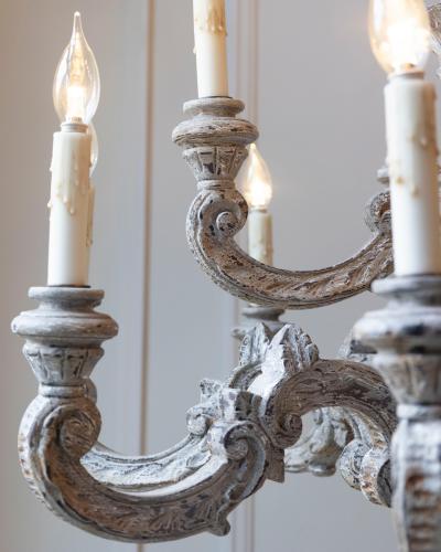 French 20th Century Carved and Painted Wood Twelve Light Chandelier