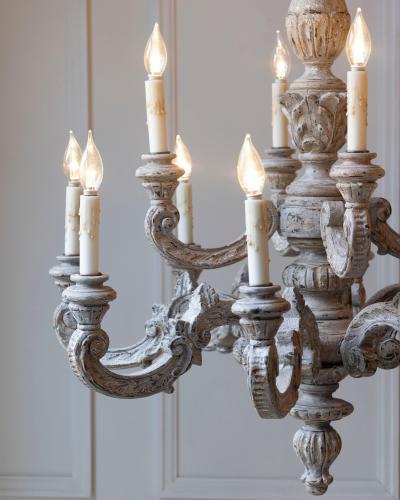 French 20th Century Carved and Painted Wood Twelve Light Chandelier