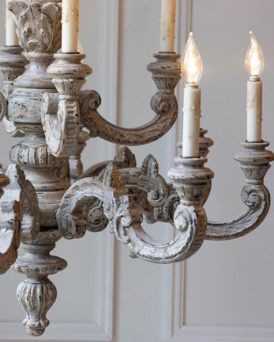 French 20th Century Carved and Painted Wood Twelve Light Chandelier