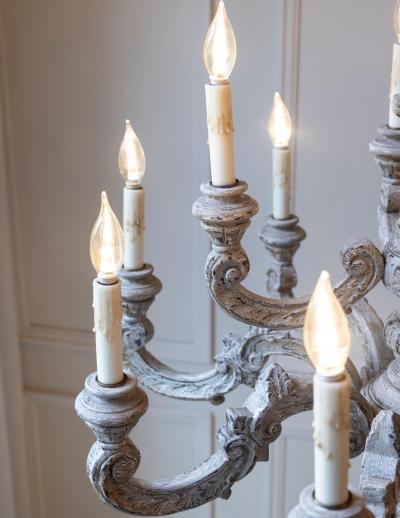 French 20th Century Carved and Painted Wood Twelve Light Chandelier