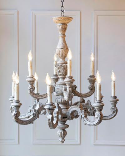 French 20th Century Carved and Painted Wood Twelve Light Chandelier