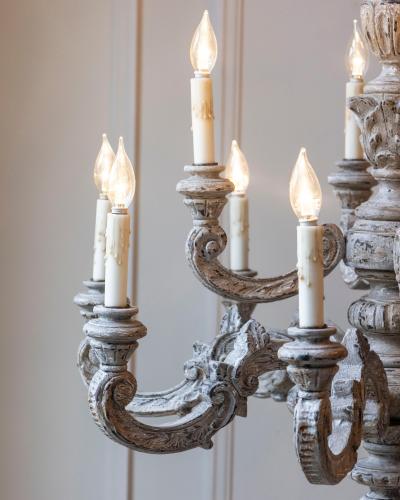 French 20th Century Carved and Painted Wood Twelve Light Chandelier