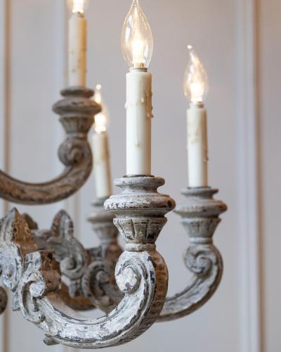 French 20th Century Carved and Painted Wood Twelve Light Chandelier