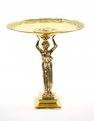 French 20th Century Classical Brass Maiden Figural Centerpiece with Relief Medal