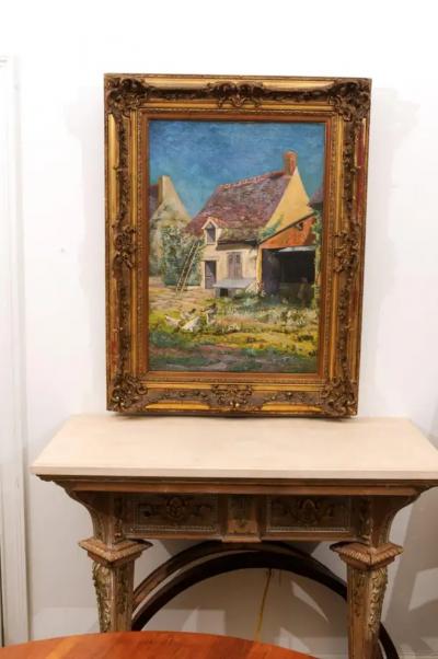 French 20th Century Farmyard Scene by H Greilschmez in Carved Giltwood Frame