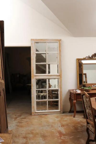 French 20th Century Rectangular Over Door Mirrored Panel with Scraped Finish